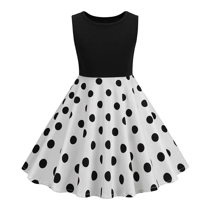 Hong Kong Style Retro Girl Western Style Polka Dot Short Sleeve Fashion Performance Costume Kids Cute Big Swing Dress European and American Summer -
