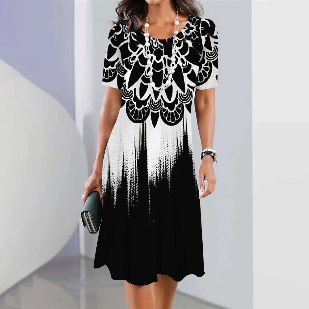 New Women's Dresses Striped Printed Elegant Casual O Neck Short Sleeve Summer Dresses Fashion Ladies Plus Size Clothing Vestidos -