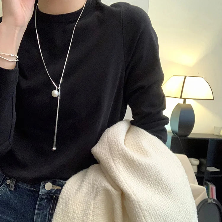Women Long Necklace With Single Pearl -