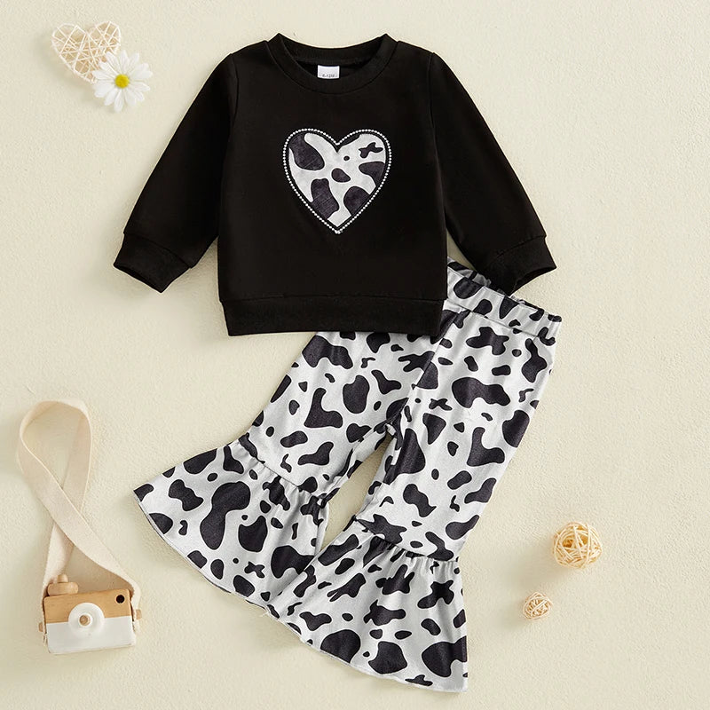 Little Girls 2PCS Fall Sets Long Sleeve O Neck Tops Leopard Print Flared Pants Set -