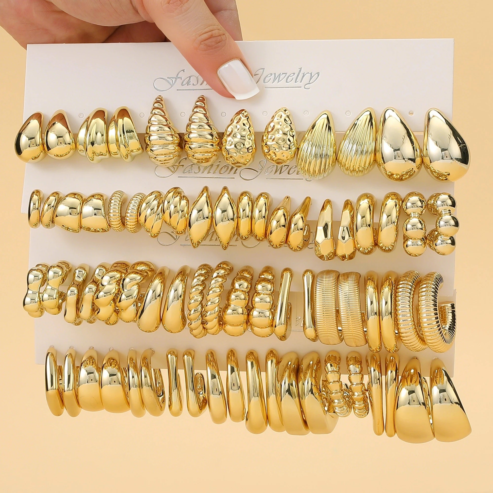 6 PAIRS-36 PAIRS Trendy Golden C-shaped, Water-droplet, Threaded Earring Set -