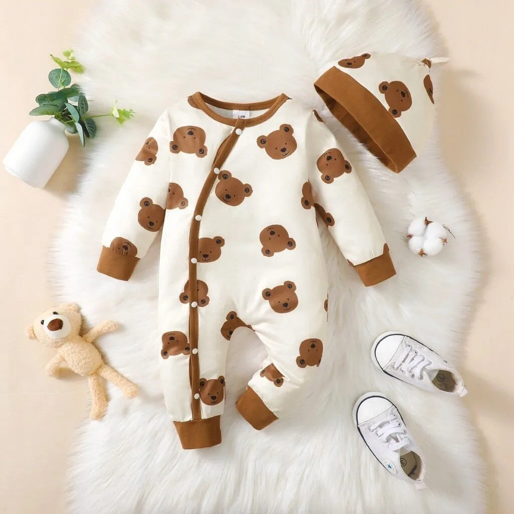 Keep your newborn baby boy cozy and adorable this spring with this 2-piece set—featuring a long-sleeved bear print romper and matching hat, perfect for ages 0-1 year! -