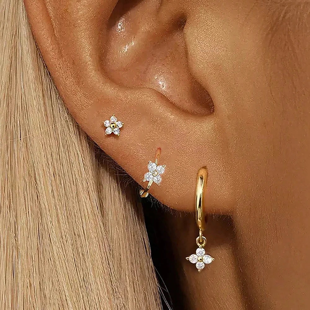 3PCS Stainless Steel Zircon Flower Earring Set for Women -