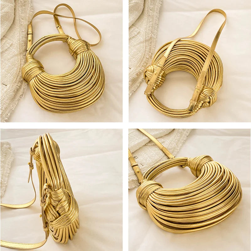 Make a statement with this gold luxury designer brand handwoven noodle bag. With a rope-knotted hobo design and a chic silver evening clutch, this bag is the epitome of high fashion and sophistication. -