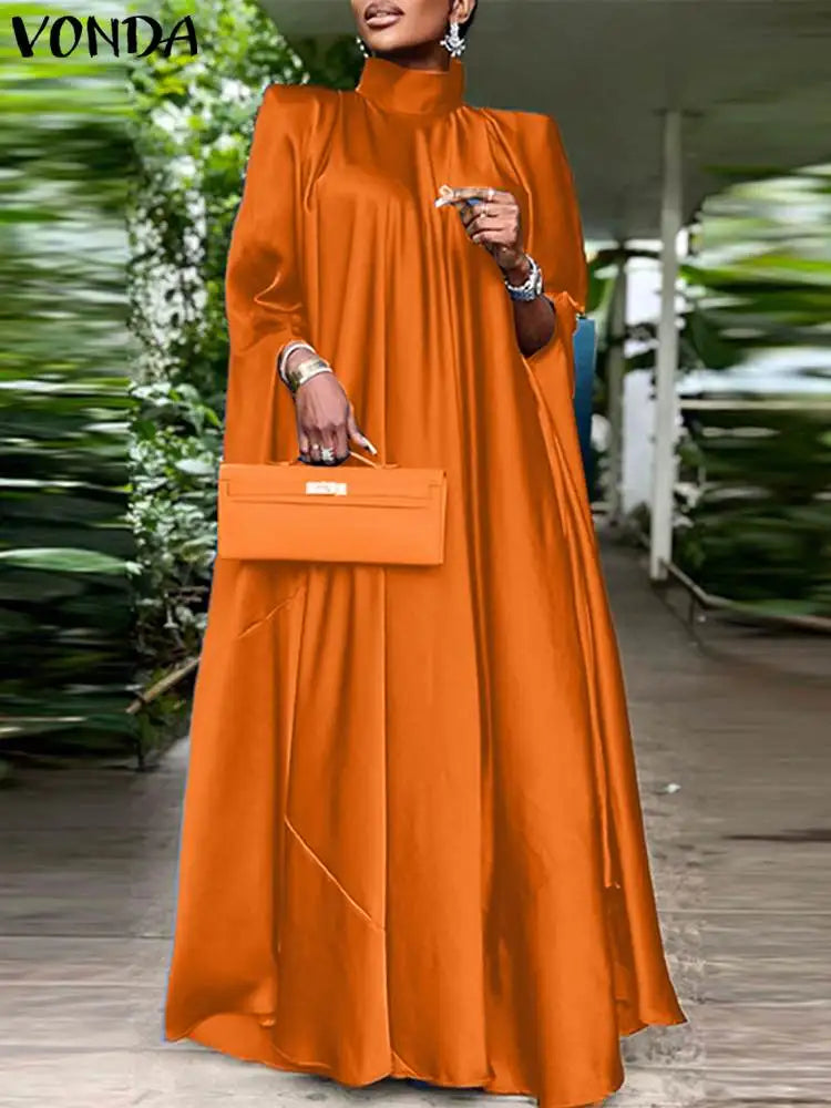 Plus Size 5XL VONDA 2023 Women Stand Collar Elegant Satin Dress Long Bat Sleeve Evening Pleated Maxi Sundress Casual Solid Robe -