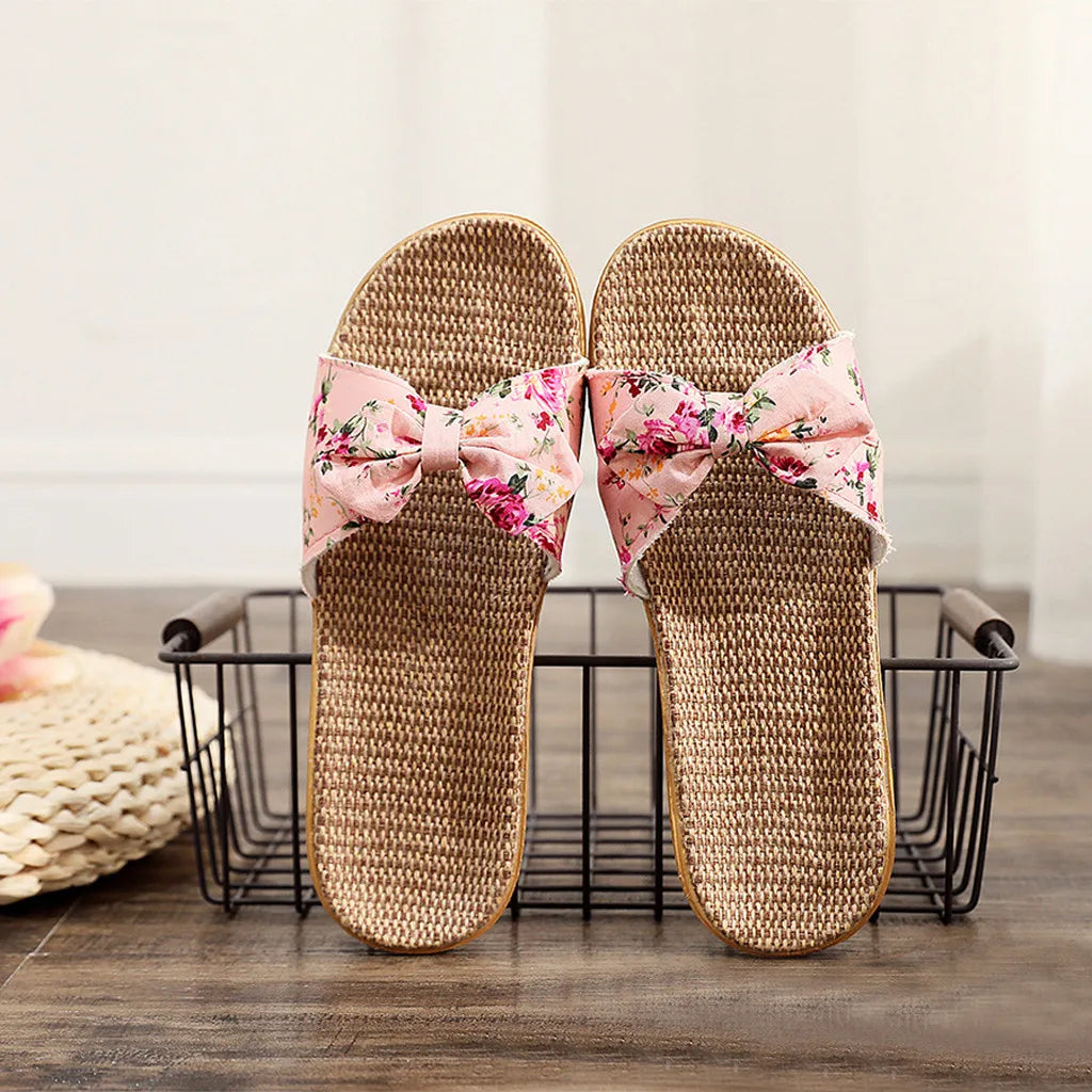 Ladies' Bohemian Style Bow Flower Linen Slippers Sandals Beach Shoes Home Shoes Beach Slippers Indoor Non Slip Shoes 2024 -