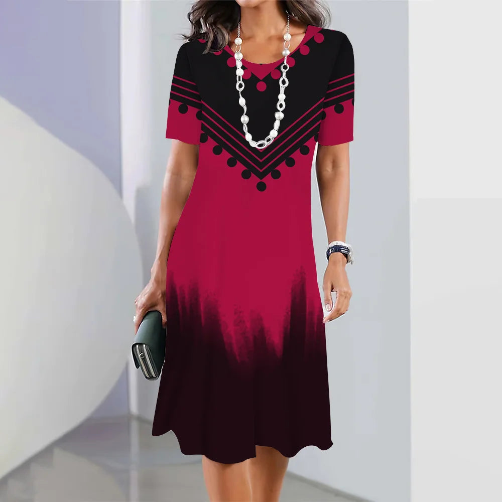 New Women's Dresses Striped Printed Elegant Casual O Neck Short Sleeve Summer Dresses Fashion Ladies Plus Size Clothing Vestidos -