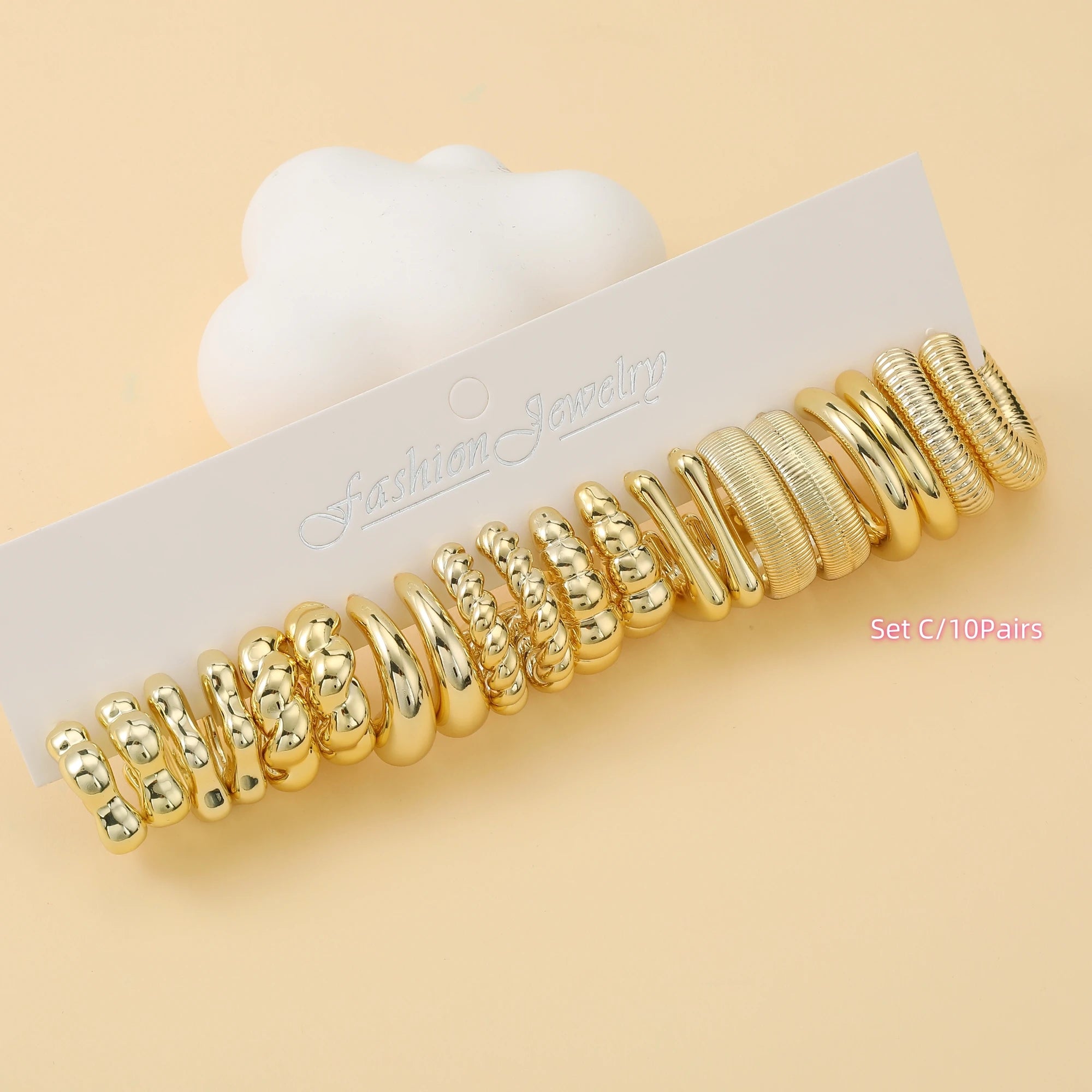 6 PAIRS-36 PAIRS Trendy Golden C-shaped, Water-droplet, Threaded Earring Set, -