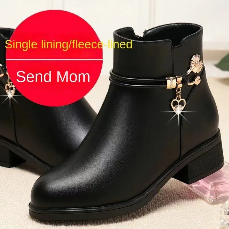 Winter Boots Women's Waterproof Warm Leather Mother Cotton Boots Fashion Black Mid heel Plush Snow Boots Soft Sole Short Boot -