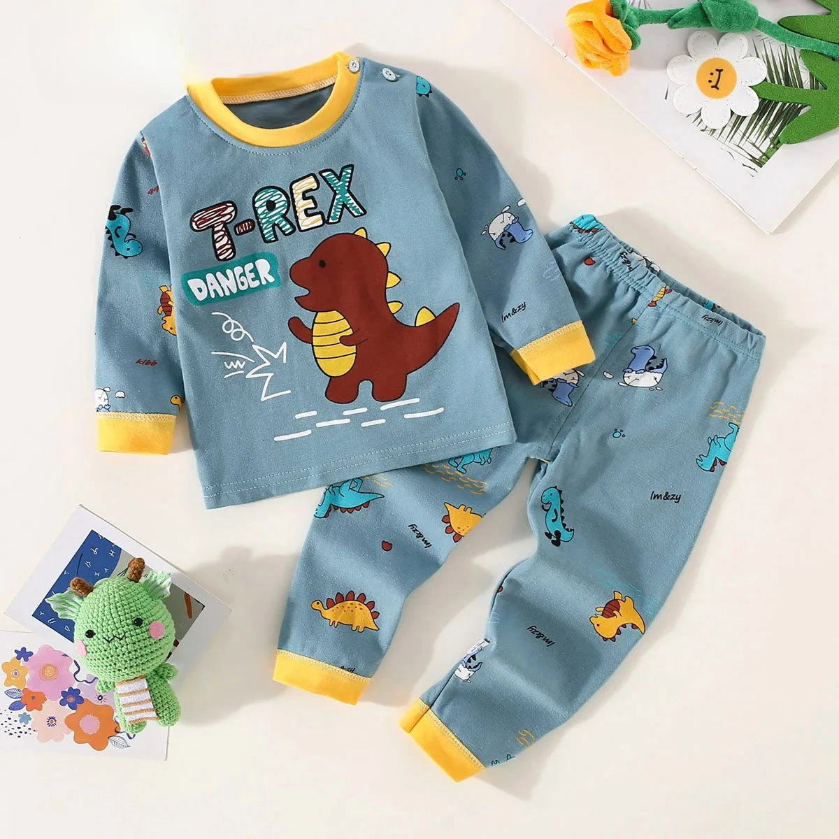 Toddler Boys Underwear Set Cotton Lettering And Bear Pattern Long Sleeve Top And Matching Pants Pajama Set -