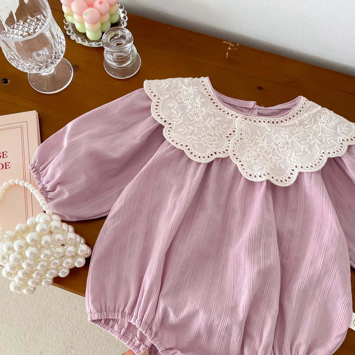 Dress your newborn in adorable style with this fashionable lace baby romper bodysuit—soft, comfy, and perfect for special moments! -