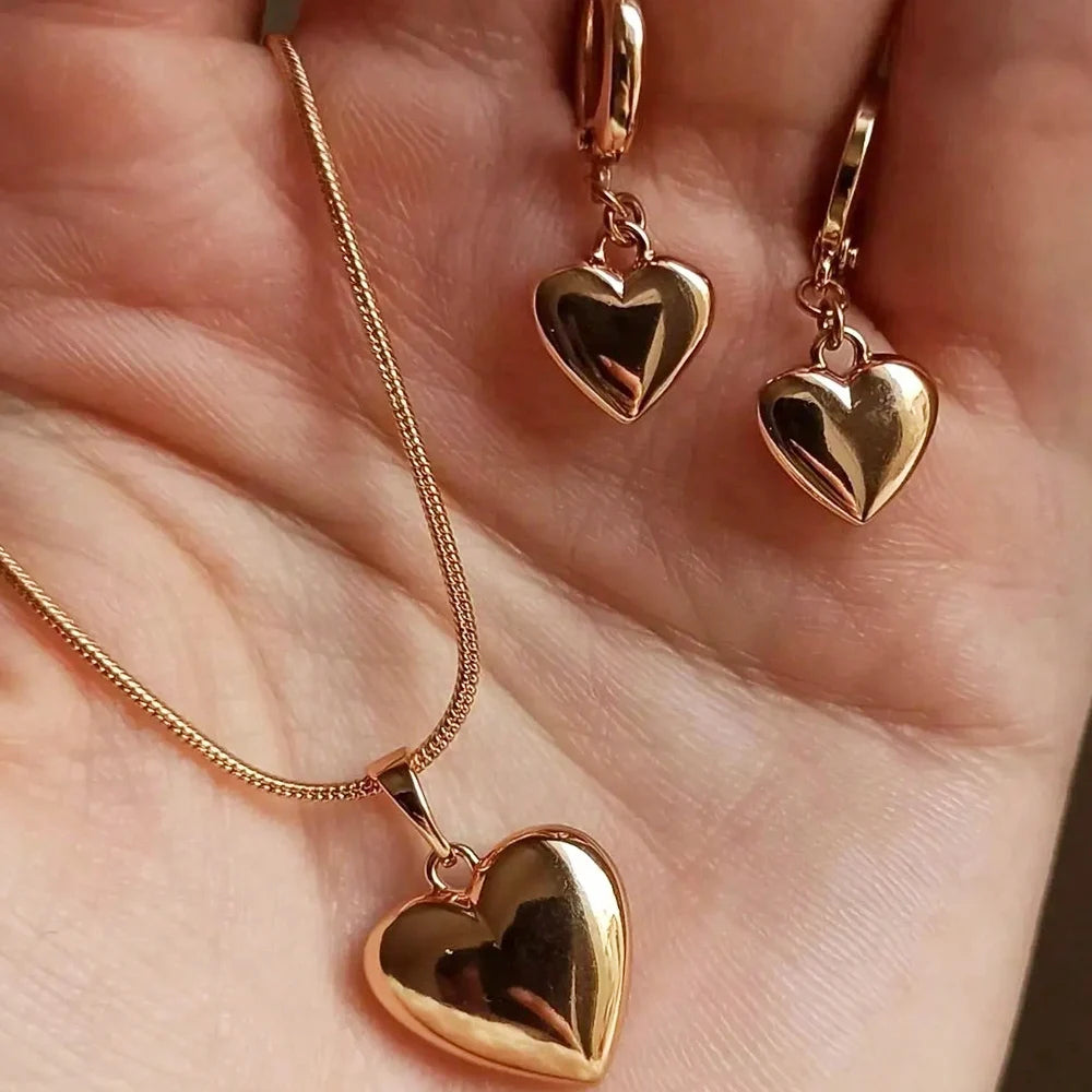 Glossy Gold Plated Metal Love Heart Dangle Earrings Set -