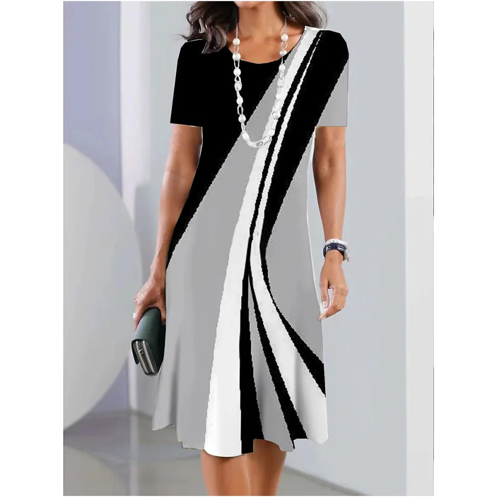 New Women's Dresses Striped Printed Elegant Casual O Neck Short Sleeve Summer Dresses Fashion Ladies Plus Size Clothing Vestidos -