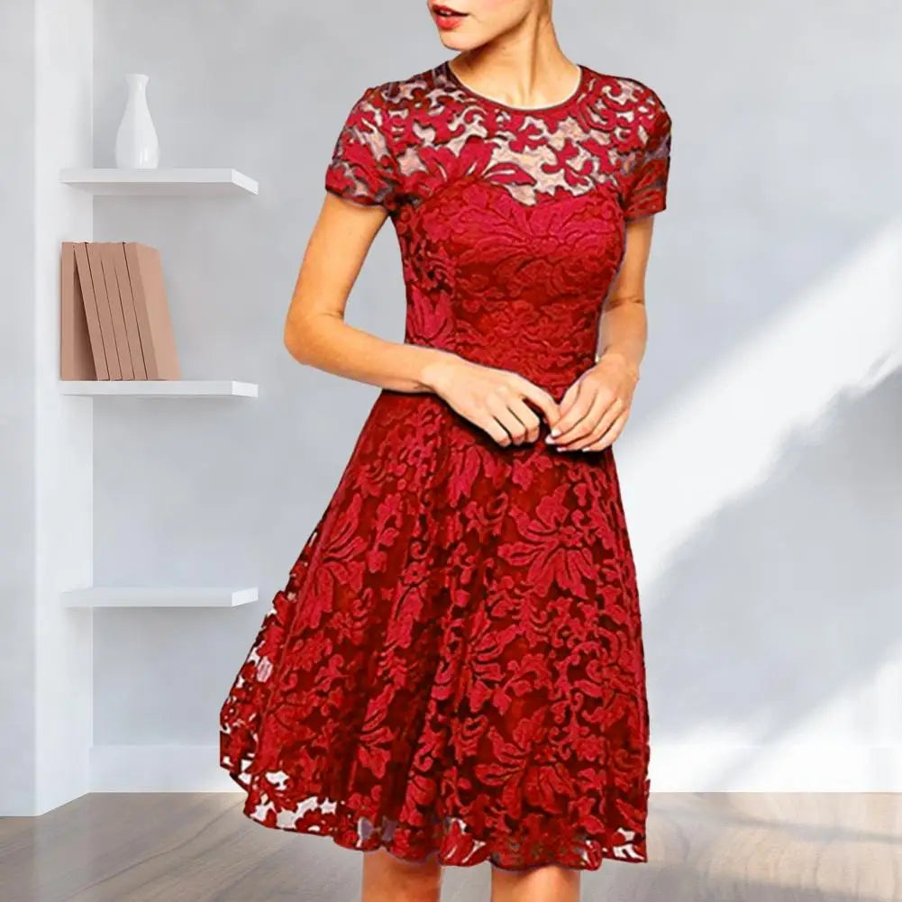 Make a chic statement with this elegant women's dress featuring an O-neck design, transparent lace, and hollow detail—a perfect choice for a sophisticated and stylish look. -