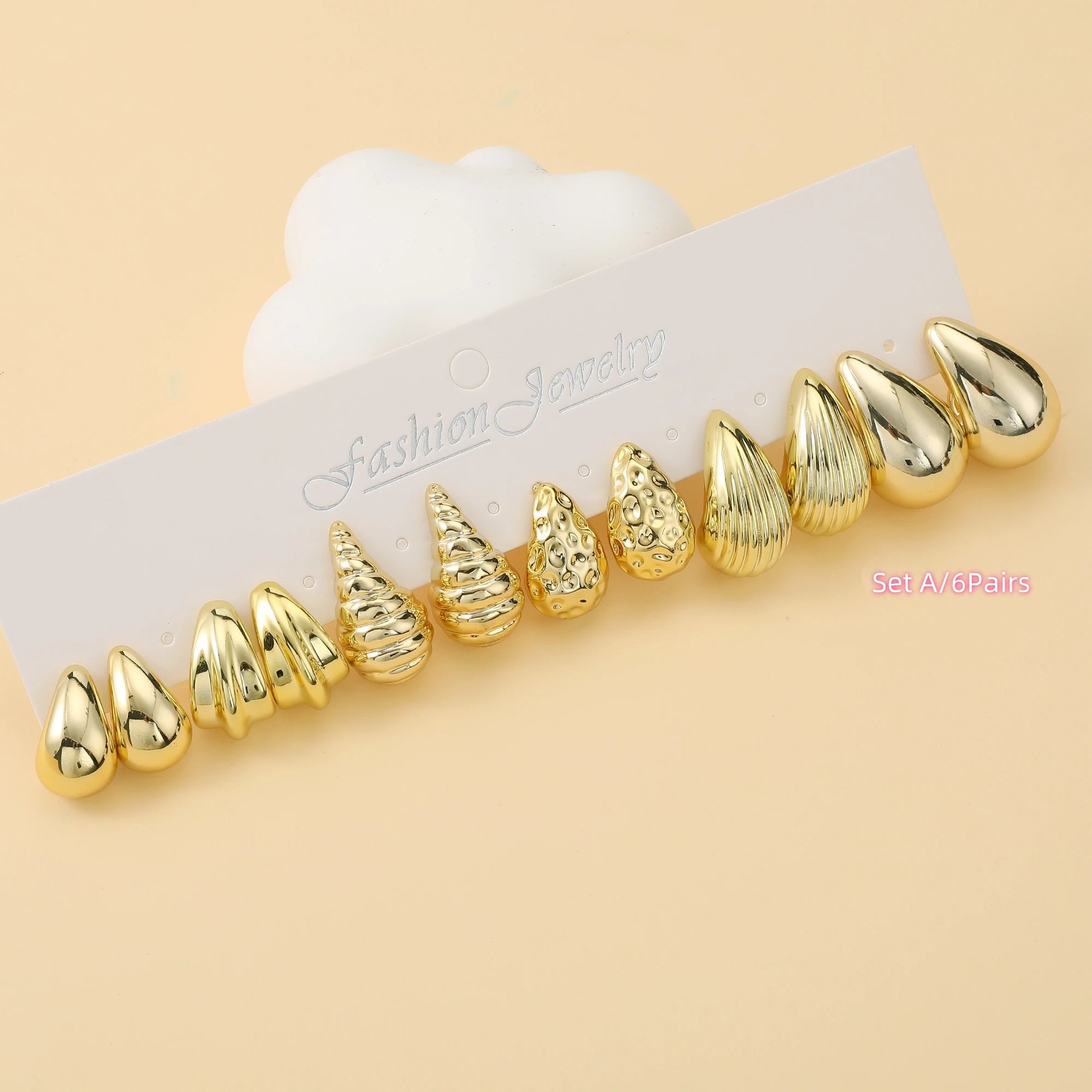 6 PAIRS-36 PAIRS Trendy Golden C-shaped, Water-droplet, Threaded Earring Set -