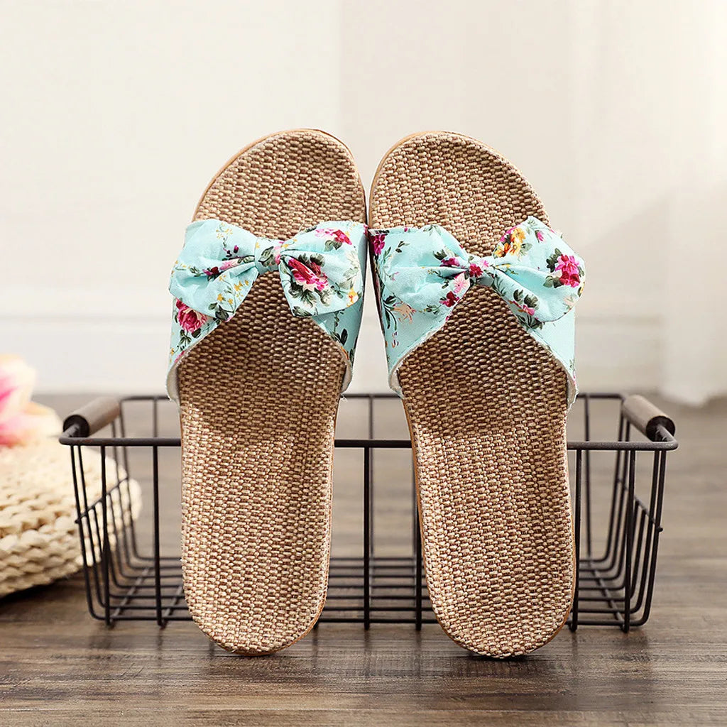 Ladies' Bohemian Style Bow Flower Linen Slippers Sandals Beach Shoes Home Shoes Beach Slippers Indoor Non Slip Shoes 2024 -
