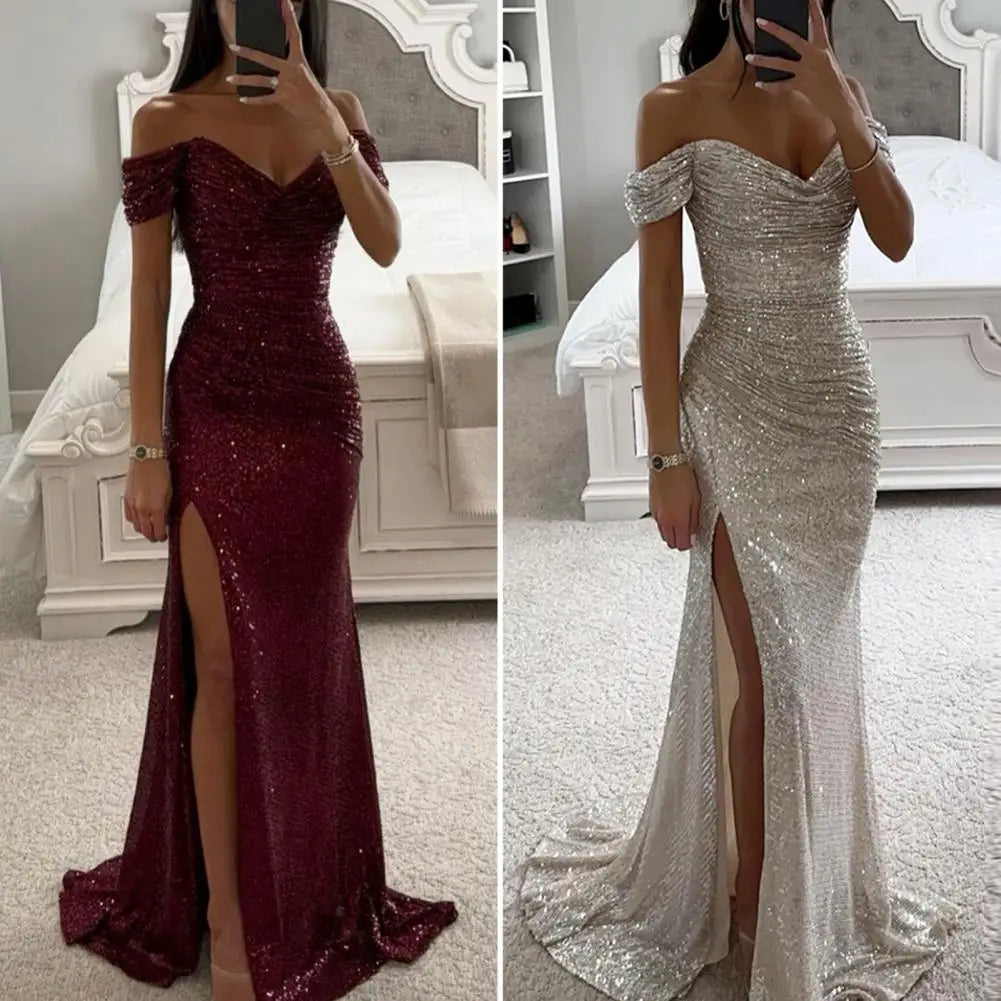 Dazzle in style with this sequin pleated maxi dress featuring short sleeves and a waist-tight silhouette—perfect for showcasing sophistication and glamour! -