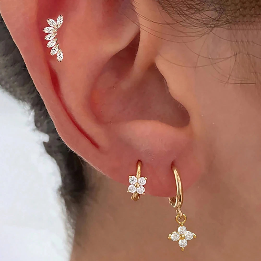 3PCS Stainless Steel Zircon Flower Earring Set for Women -