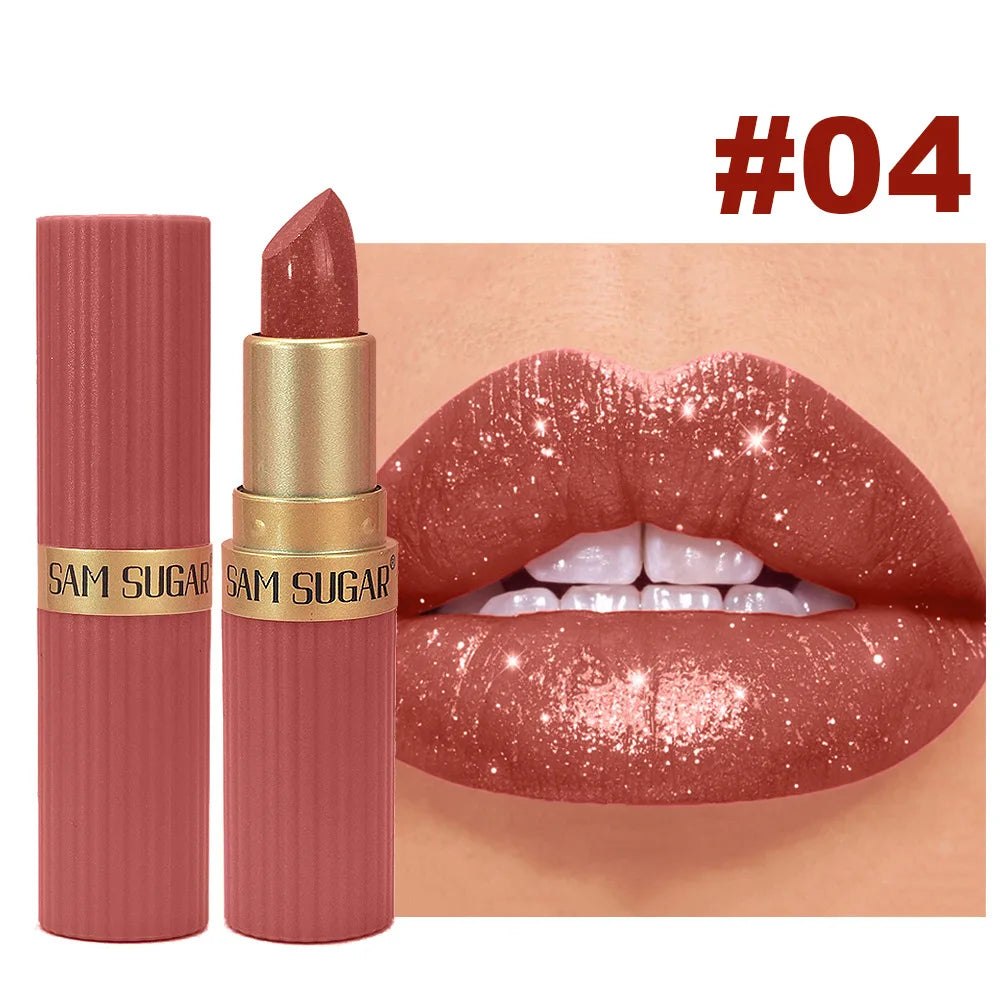 Pearlescent Pink Glitter Velvet Lipstick Metallic Waterproof Long Lasting Matte Shimmer Diamond Lipstick Women Makeup Cosmetic -