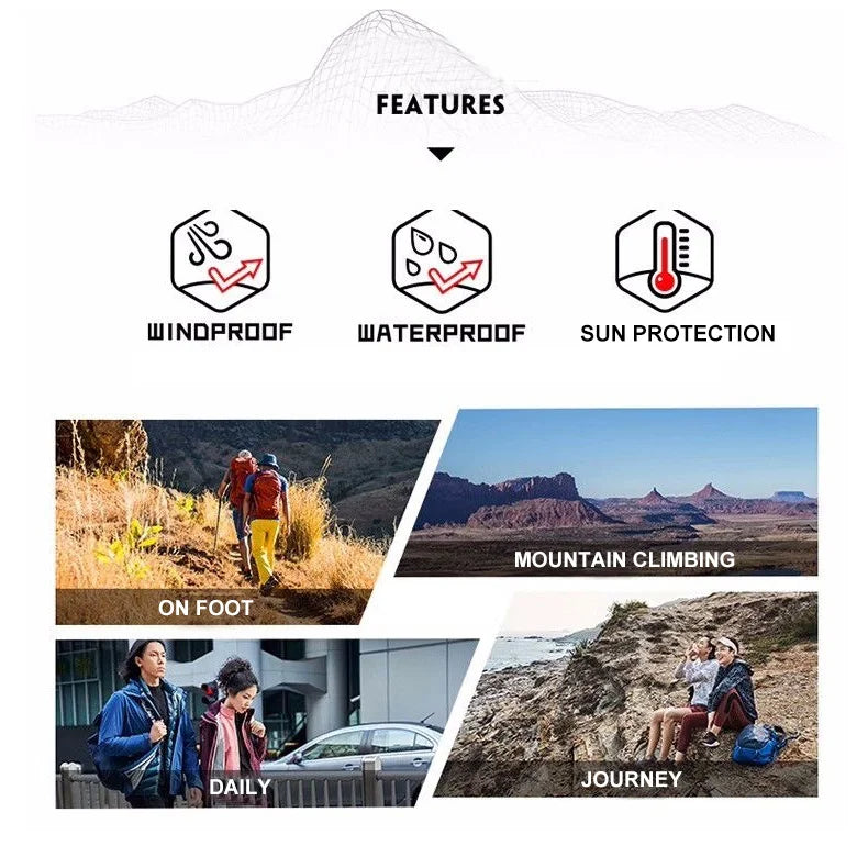 Stay protected during hiking adventures with these waterproof jackets for men and women. Featuring sun protection and windproof capabilities, these jackets are perfect for outdoor excursions, keeping you comfortable and shielded from the elements. -