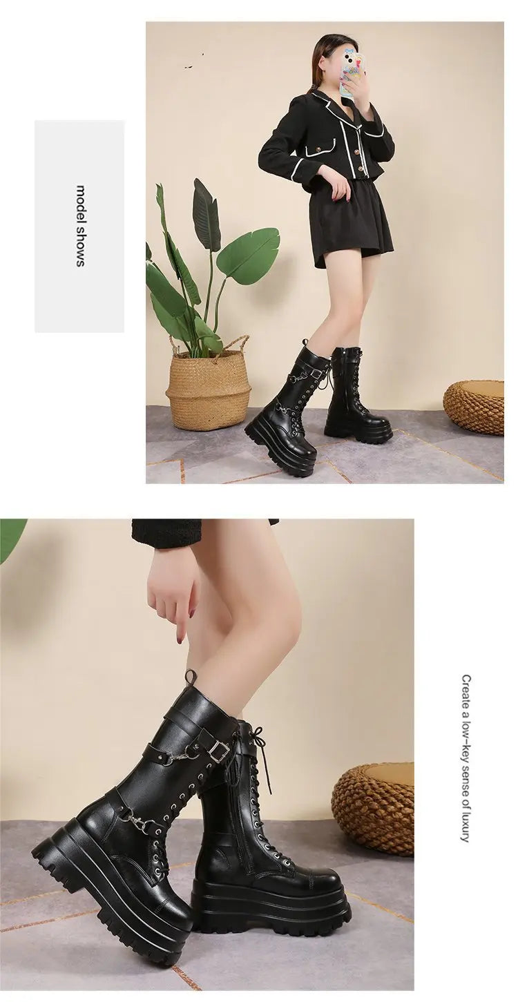Plus Size 43 Autumn Women Boots Buckle Round Toe Wedges Platform Boots Punk Goth INS Women Street Shoes Combat Boots for Women -