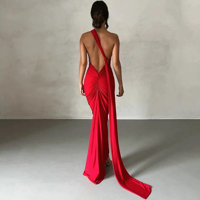 One Shoulder Sleeveless Backless Maxi Dress -