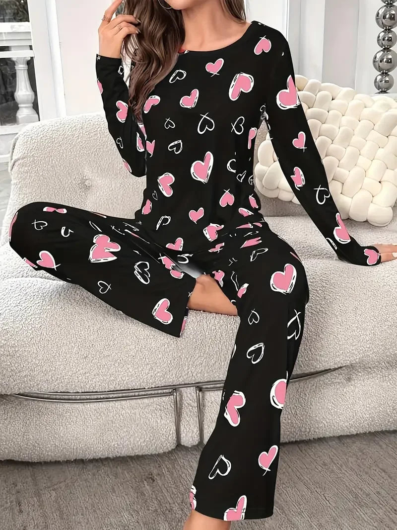 Heart Print Ribbed Frill Trim Pajama Set for Women Sleepwear Knitted Round-Neck Loose Tops Elastic Long Pants Loungewear -