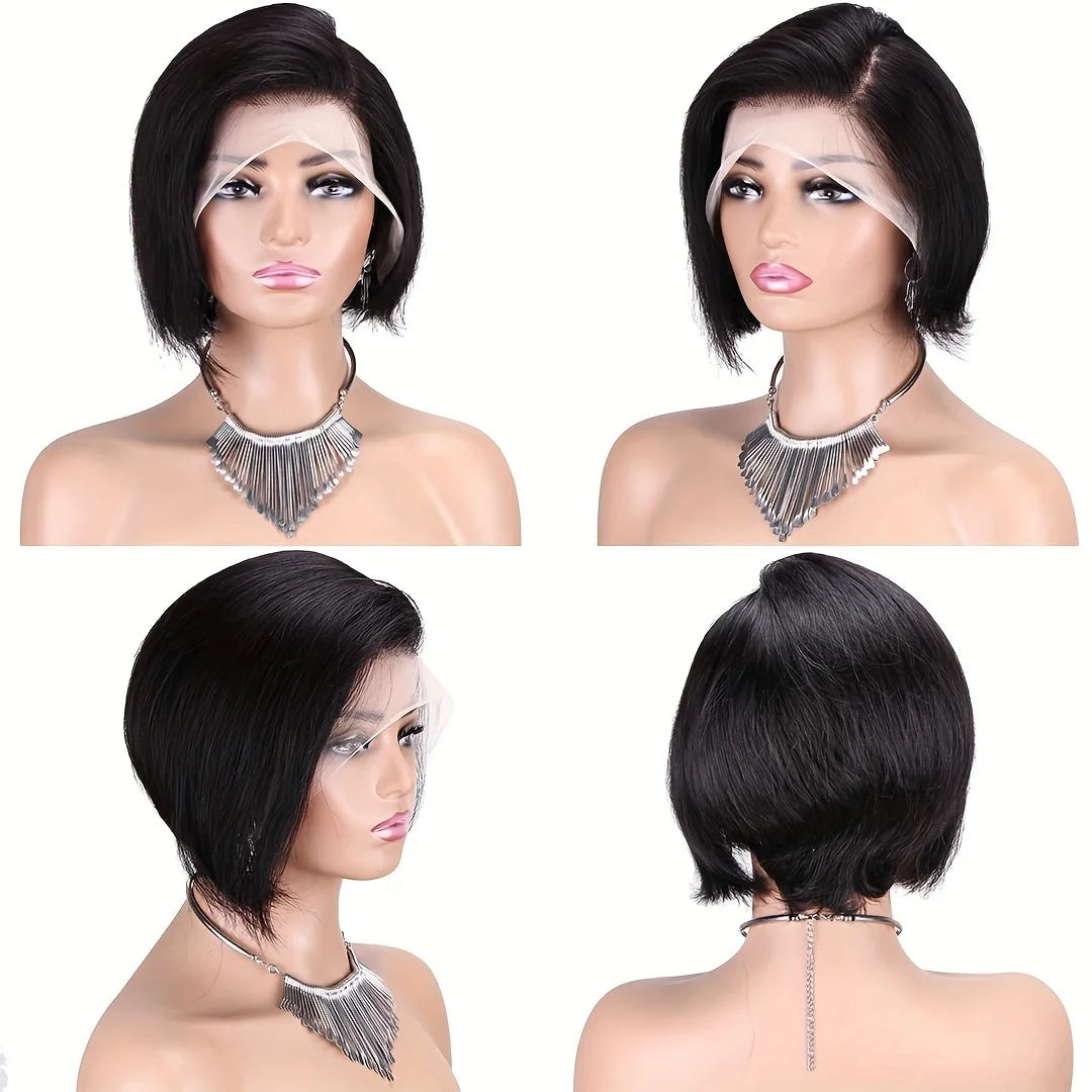 Turn heads with these 13x4 transparent lace front wigs—featuring highlight colors in a sleek straight pixie cut or short bob, crafted from 100% human hair for a natural, stylish look! -