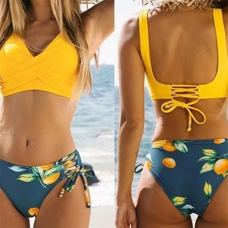 Women's Bikini Swimsuit Front Cross Lace Up Two Piece Bathing Suit -