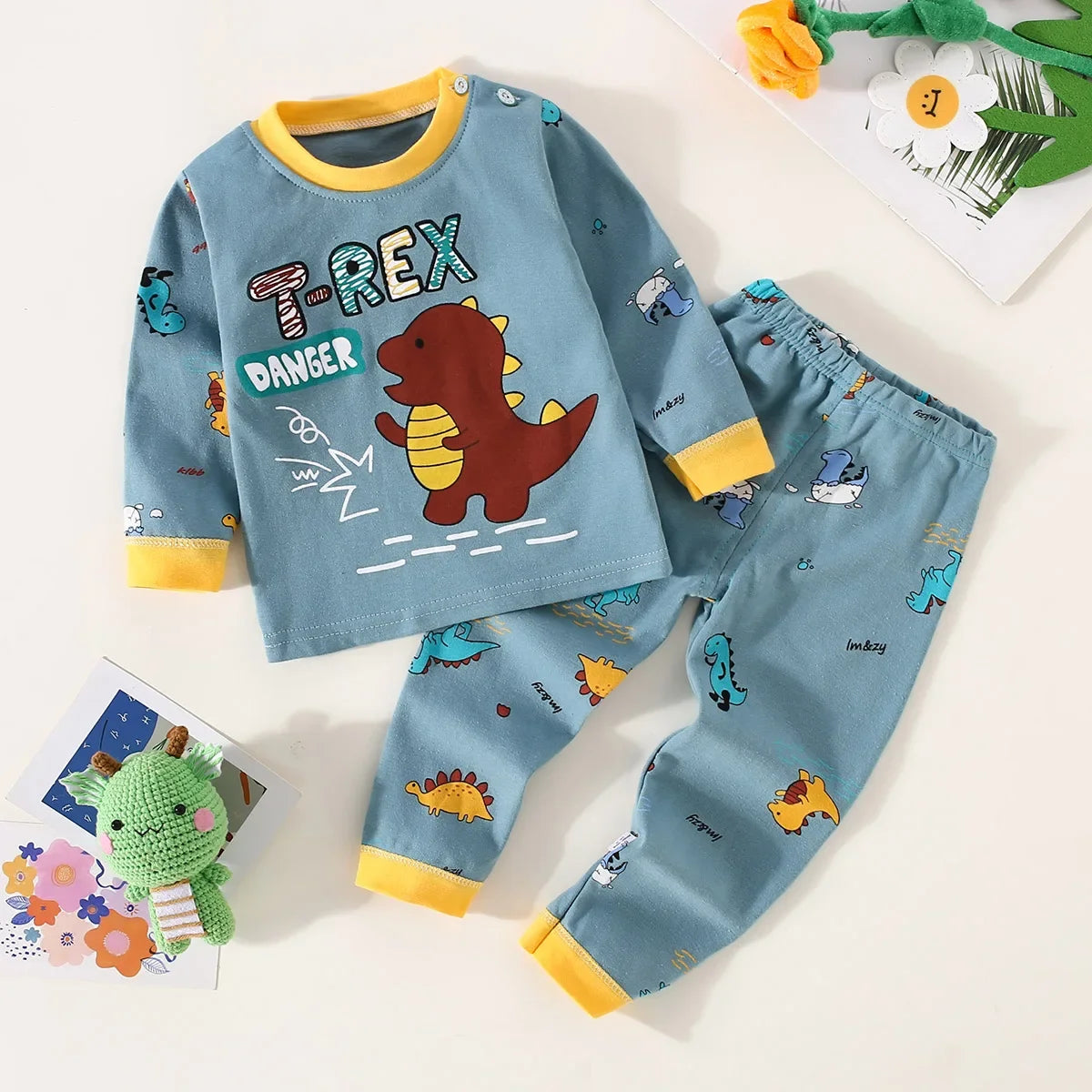 Toddler Boys Underwear Set Cotton Lettering And Bear Pattern Long Sleeve Top And Matching Pants Pajama Set -