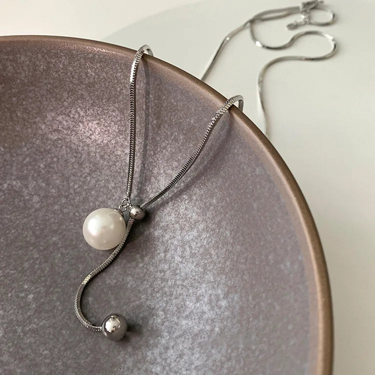 Women Long Necklace With Single Pearl -