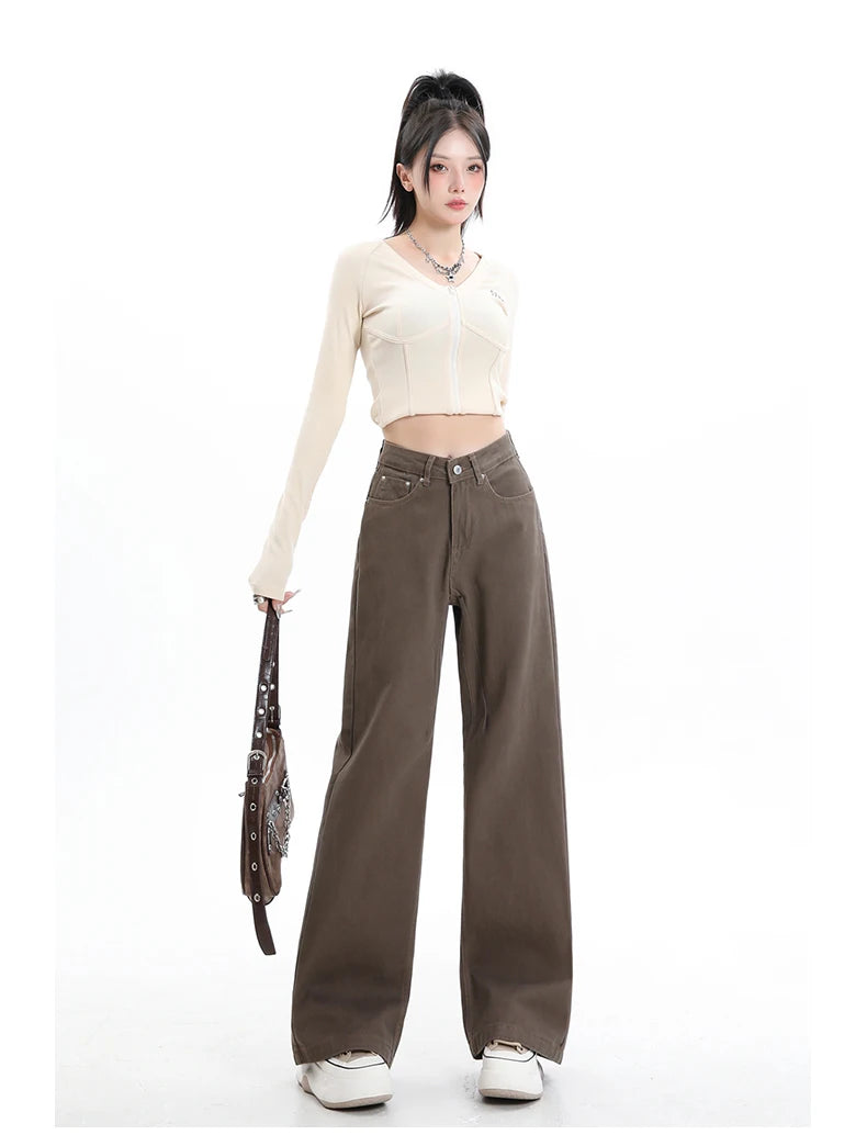 Rock the urban vibe with these baggy, high-street fashion, straight brown jeans for women! -