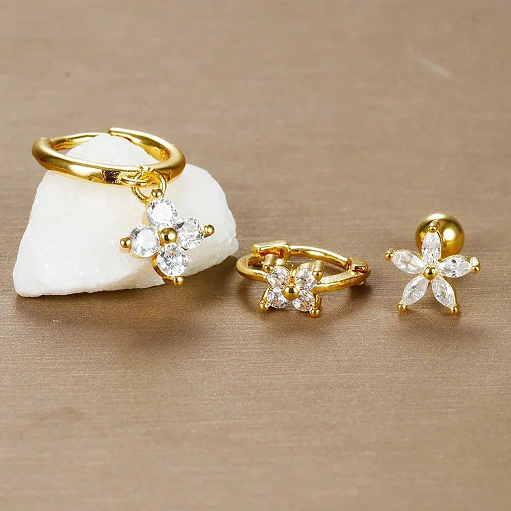 3PCS Stainless Steel Zircon Flower Earring Set for Women -