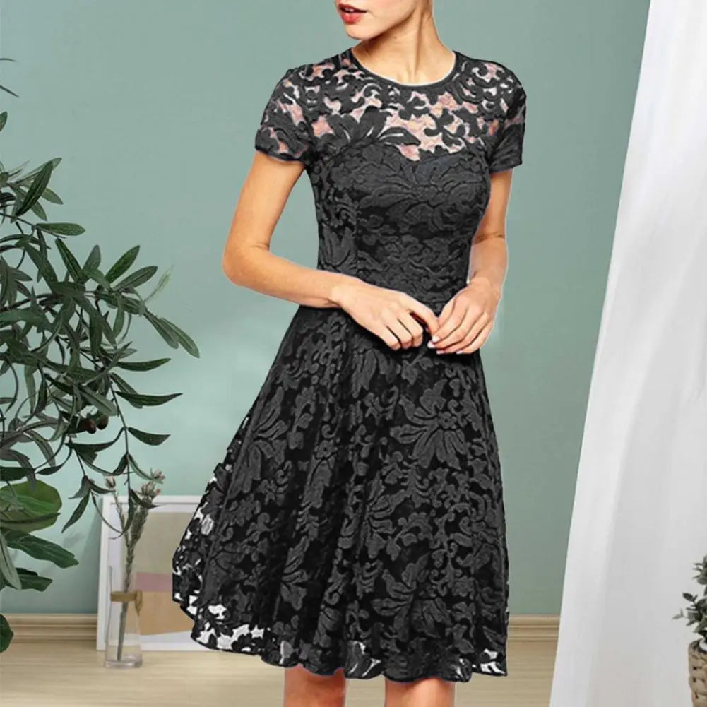 Make a chic statement with this elegant women's dress featuring an O-neck design, transparent lace, and hollow detail—a perfect choice for a sophisticated and stylish look. -