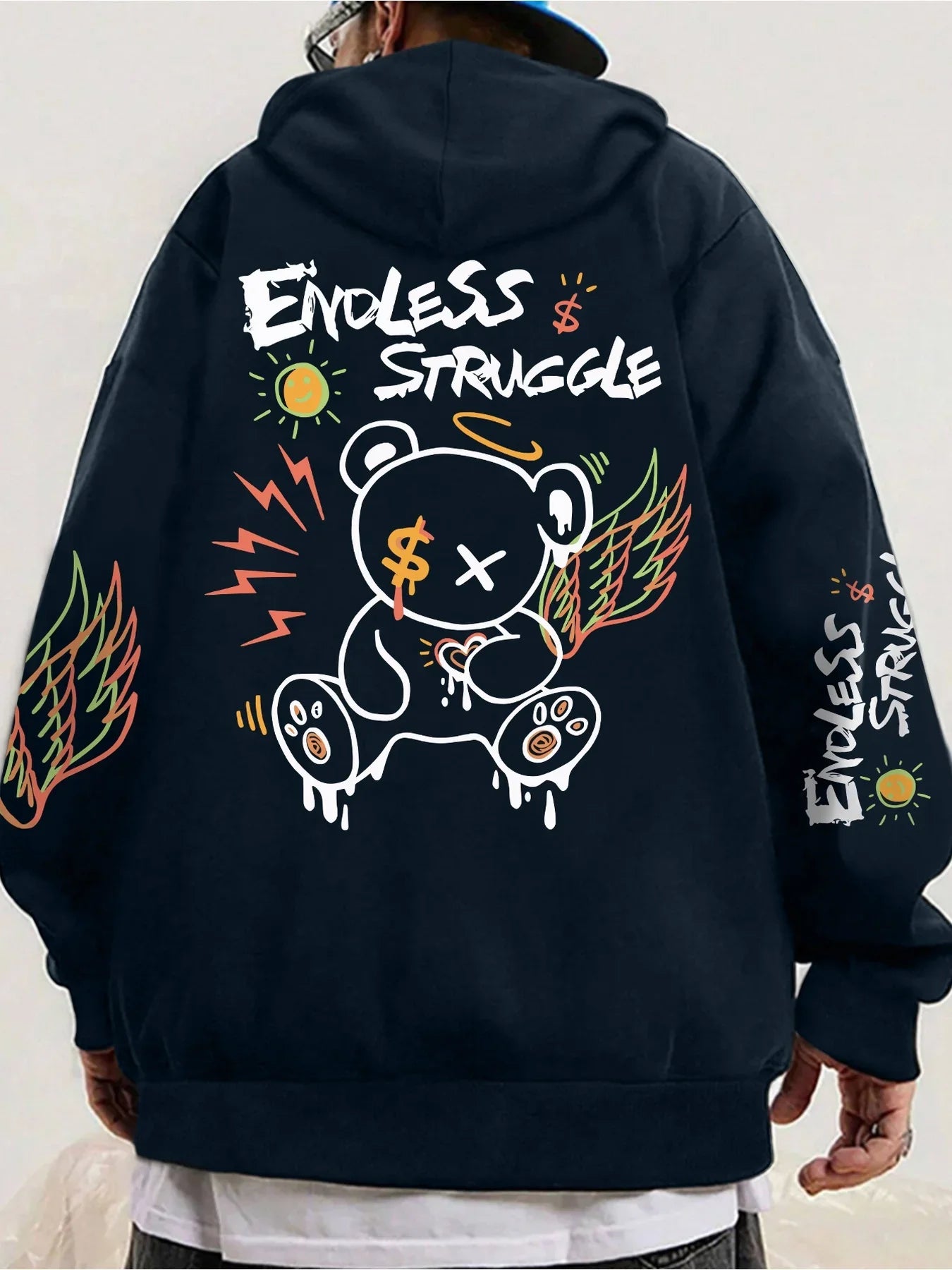 Street Men's and Women's Sweatshirts Endless Struggle Graffiti Bear Print Hoodies Loose Sweatshirt Set Sportswear Casual -
