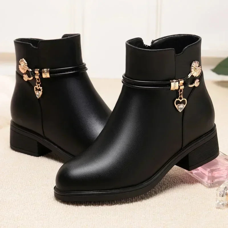 Winter Boots Women's Waterproof Warm Leather Mother Cotton Boots Fashion Black Mid heel Plush Snow Boots Soft Sole Short Boot -