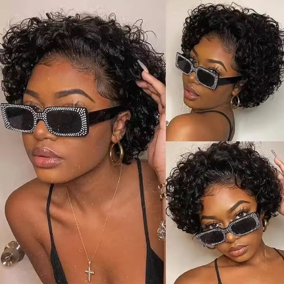 Achieve a natural look with this lace frontal short kinky curly bob wig. Made from Brazilian water wave hair, this trendy hairstyle is perfect for a stylish and fashionable appearance. -