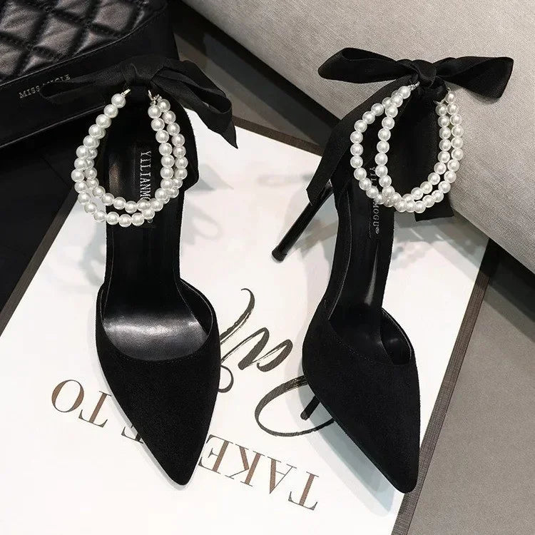 Shoes for Women 2023 Brand Spring Women's Pumps Pointed Toe Solid Flock Beads Bow Tie Buckle Shallow Mouth Novelty High Heels -