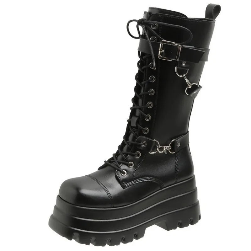 Plus Size 43 Autumn Women Boots Buckle Round Toe Wedges Platform Boots Punk Goth INS Women Street Shoes Combat Boots for Women -