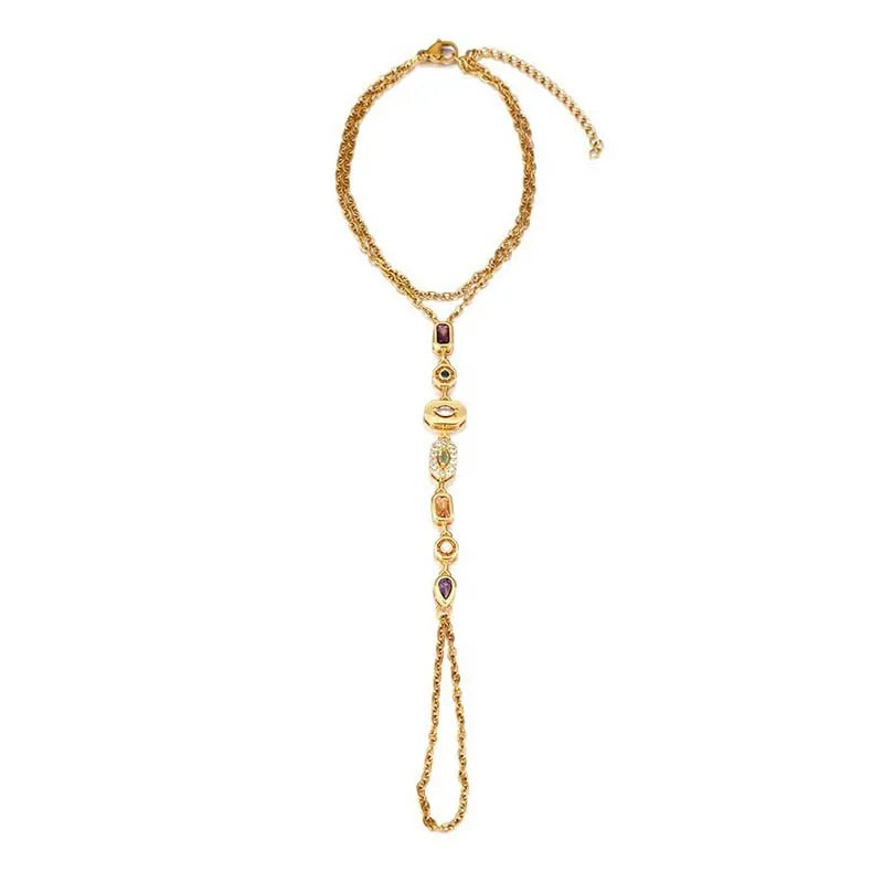 Stainless Steel Colorful Crystal Hand Chain Bracelet -