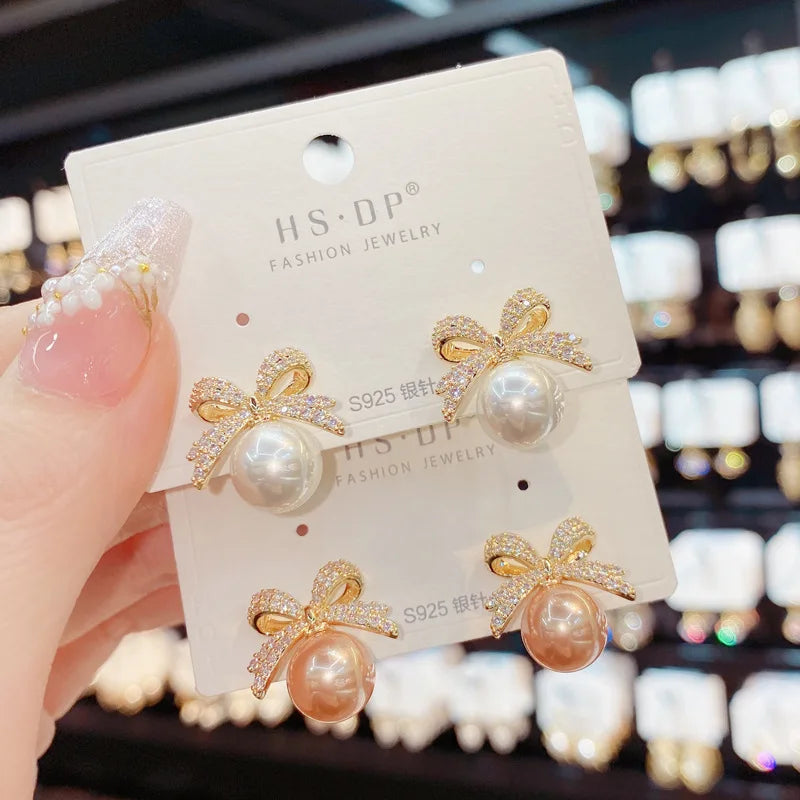 Sparkling Rhinestone Bow Pearl Stud Earrings -