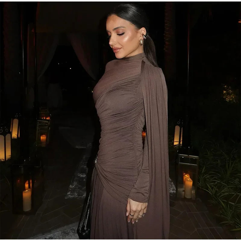 Elegant Women Pleated Irregular Patchwork Maxi Dress Chic Long Sleeve High Neack Dresses 2025 Summer Turtleneck Party Prom Gowns -