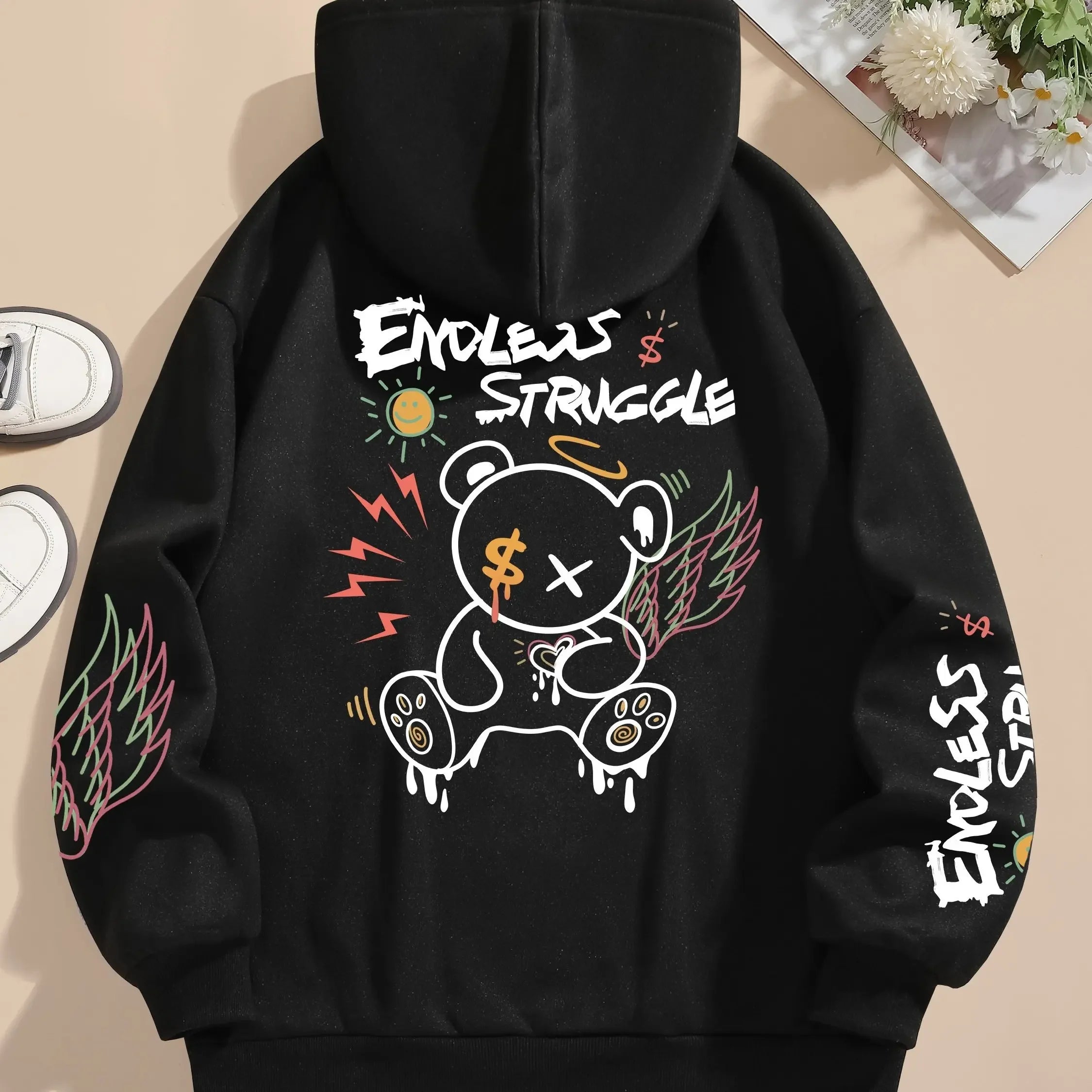 Street Men's and Women's Sweatshirts Endless Struggle Graffiti Bear Print Hoodies Loose Sweatshirt Set Sportswear Casual -