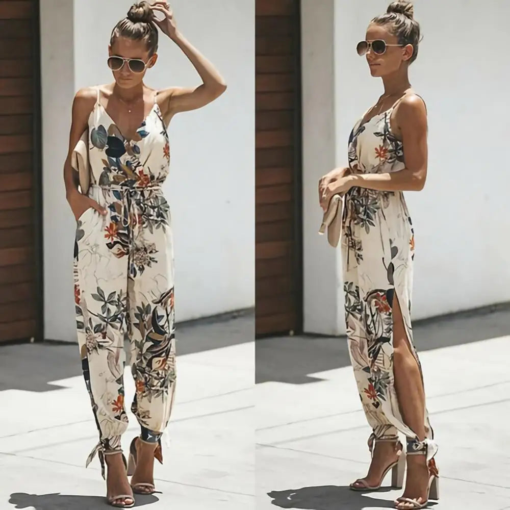 Dress to impress in this sexy and stylish women's summer jumpsuit. Featuring a backless design, deep V-neckline, floral print, and strappy details, this romper is perfect for making a statement with your outfit! -