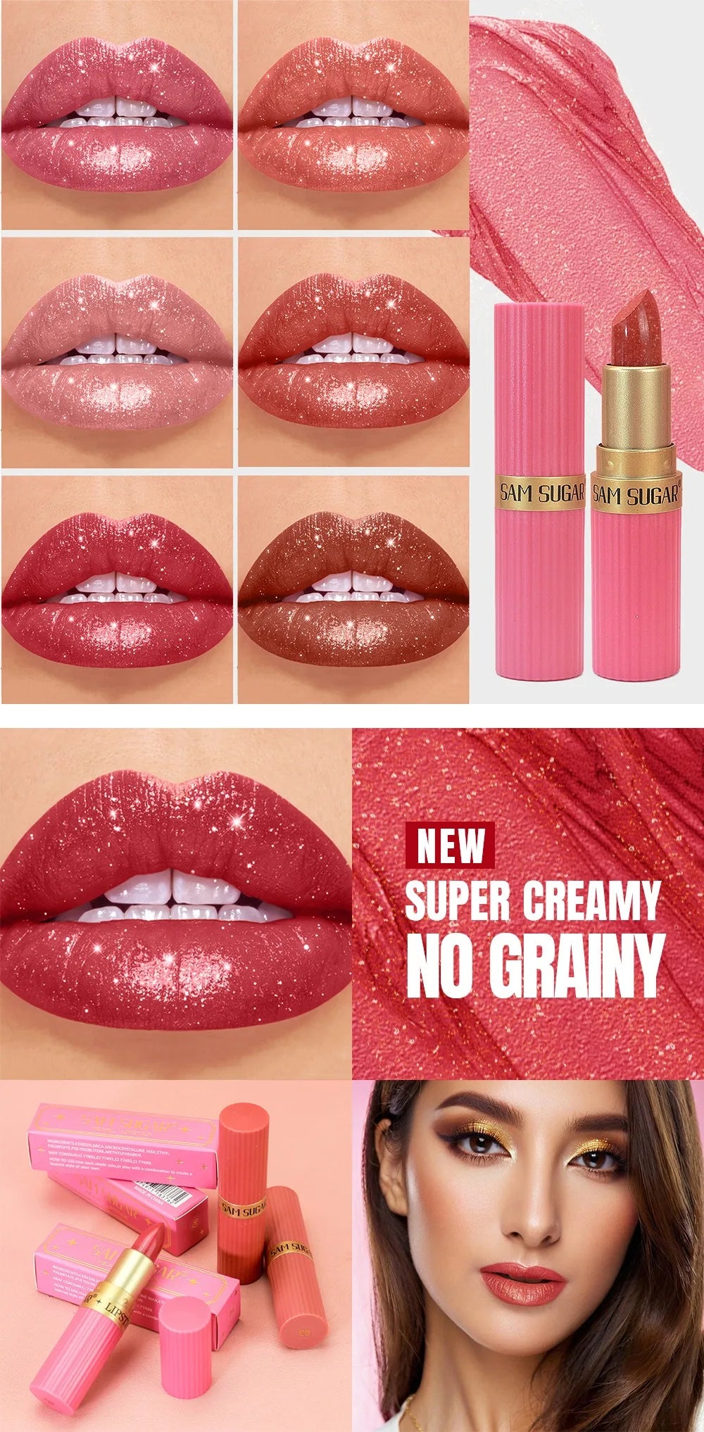 Pearlescent Pink Glitter Velvet Lipstick Metallic Waterproof Long Lasting Matte Shimmer Diamond Lipstick Women Makeup Cosmetic -