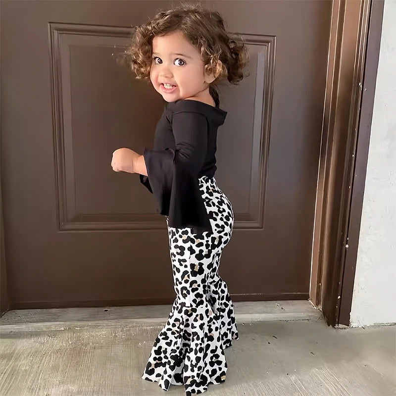 2pcs Baby Girl Clothes Sets Black Pullover Top + Leopard Print Bell-Bottoms Autumn Children's Clothing For 2 3 4 5 7 8 Years Old -