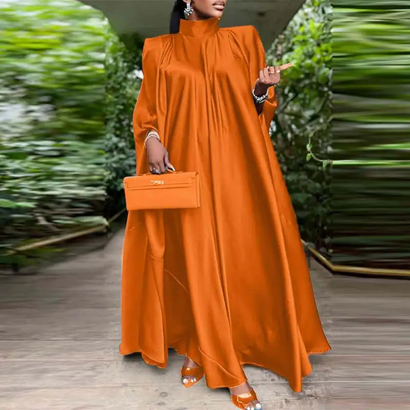 Plus Size 5XL VONDA 2023 Women Stand Collar Elegant Satin Dress Long Bat Sleeve Evening Pleated Maxi Sundress Casual Solid Robe -