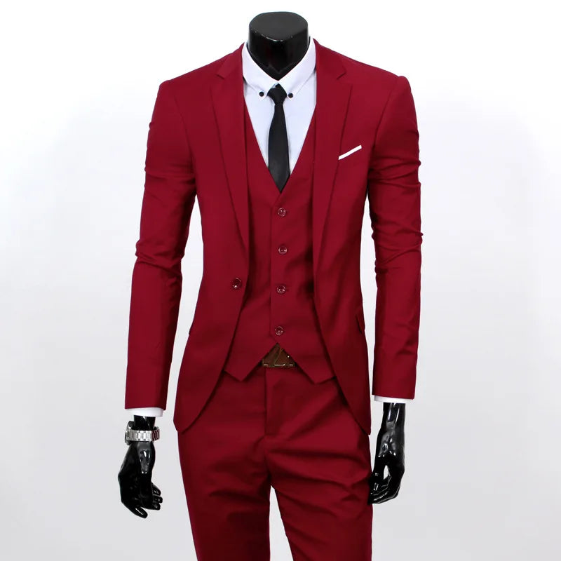 Spring Autumn New Fashion Men's Trendy Slim Business Solid Color 3 Pieces of Suits Sets Single Greasted Blazers Waistcoat Pants -