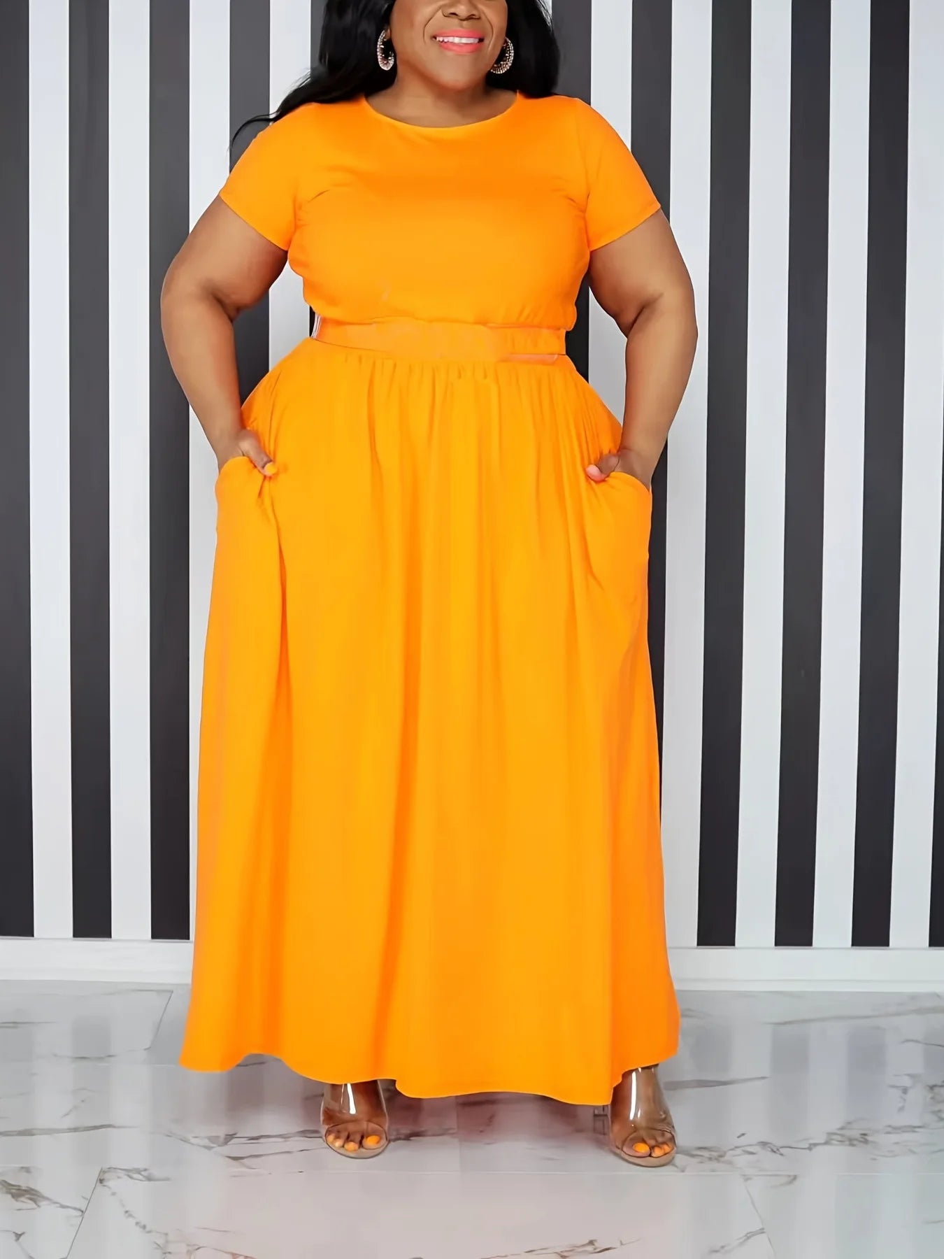 Plus Size Women Casual Dress Loose Solid Color High Waisted Short-sleeved Round Collar Ladies Dresses 4XL 5XL -