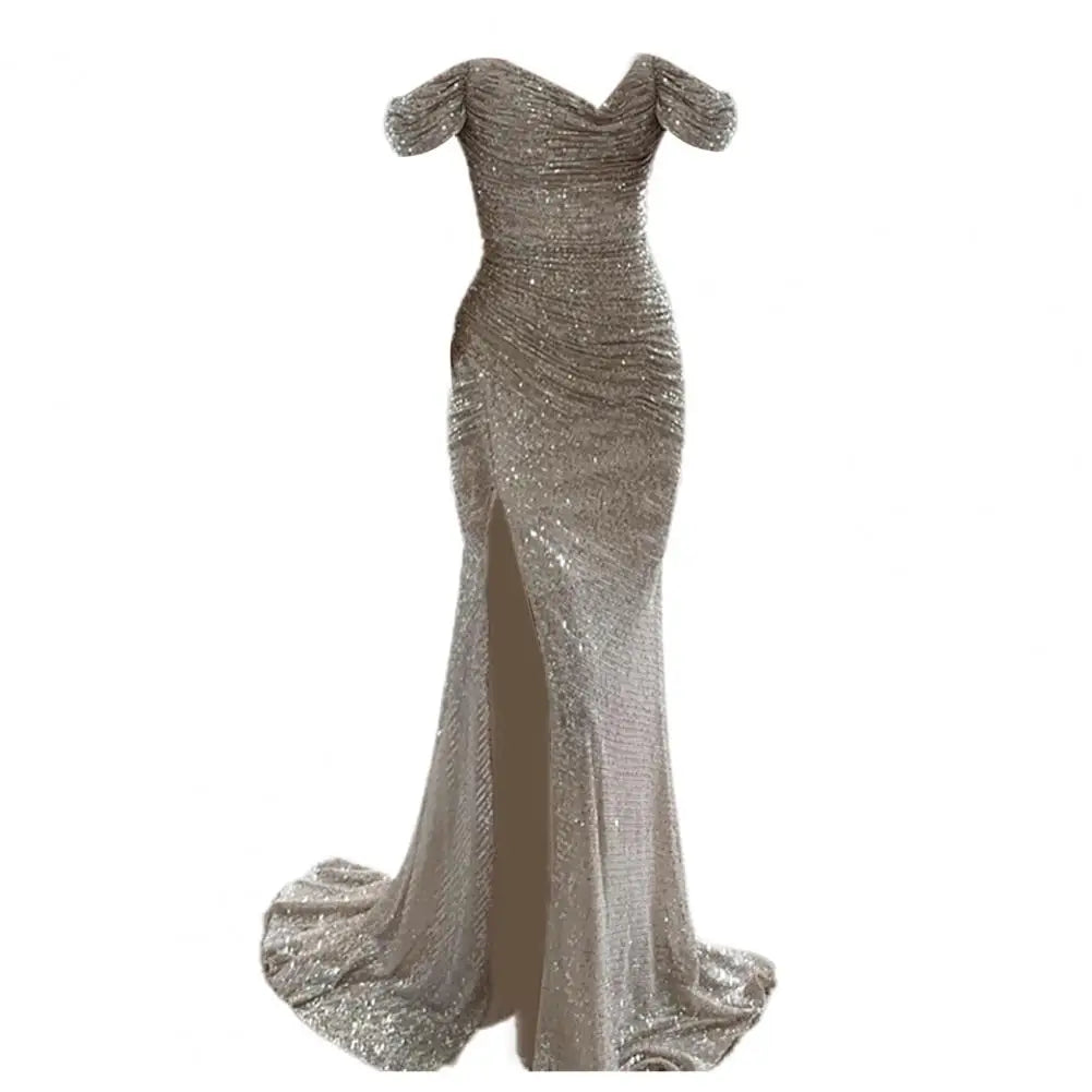 Dazzle in style with this sequin pleated maxi dress featuring short sleeves and a waist-tight silhouette—perfect for showcasing sophistication and glamour! -